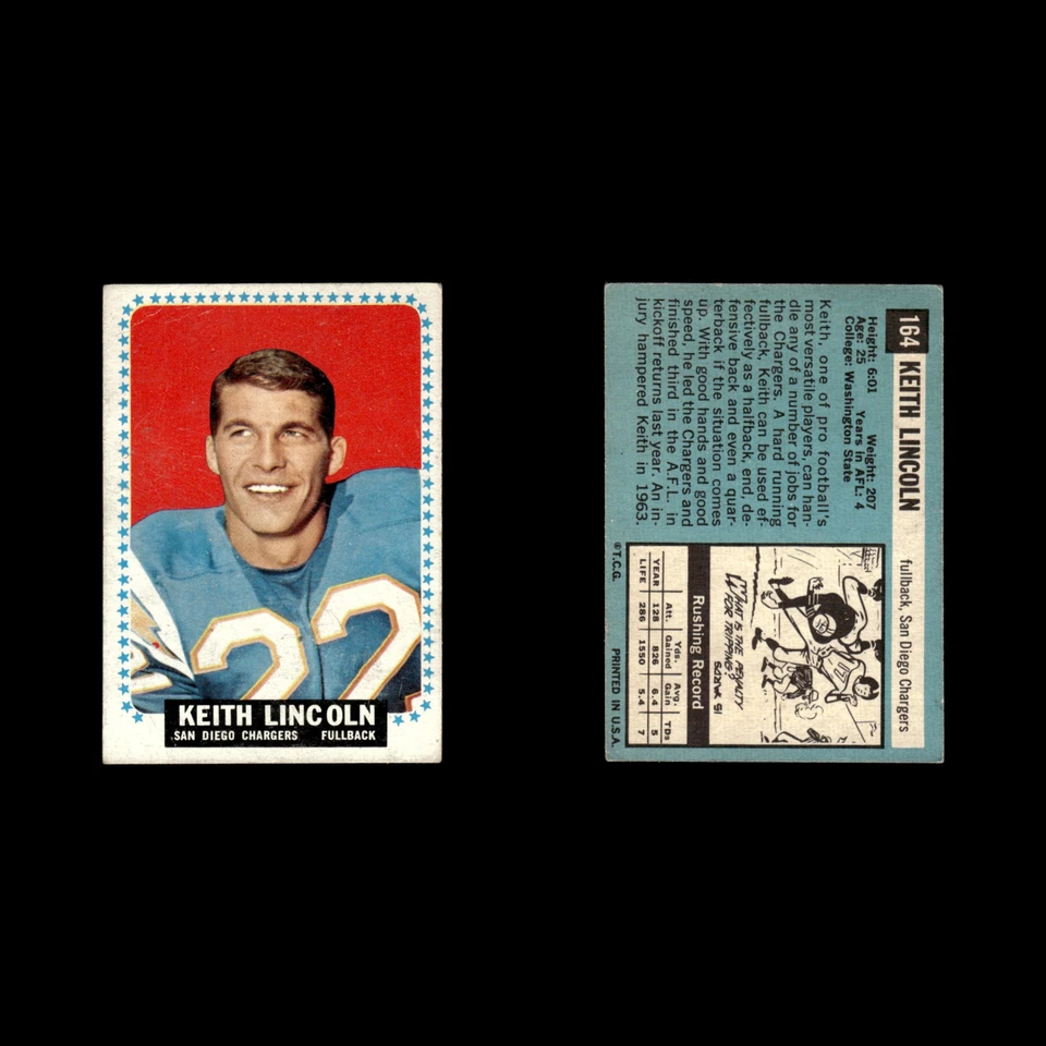 Keith Lincoln #164 1964 Topps San Diego Chargers Football Card NFL VG - Image 3 of 3