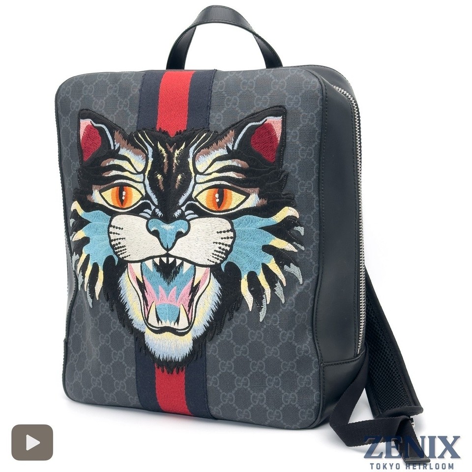 Gucci Angry Cat GG Supreme Leather Backpack Rucksack  Black Grey 478324 Michele