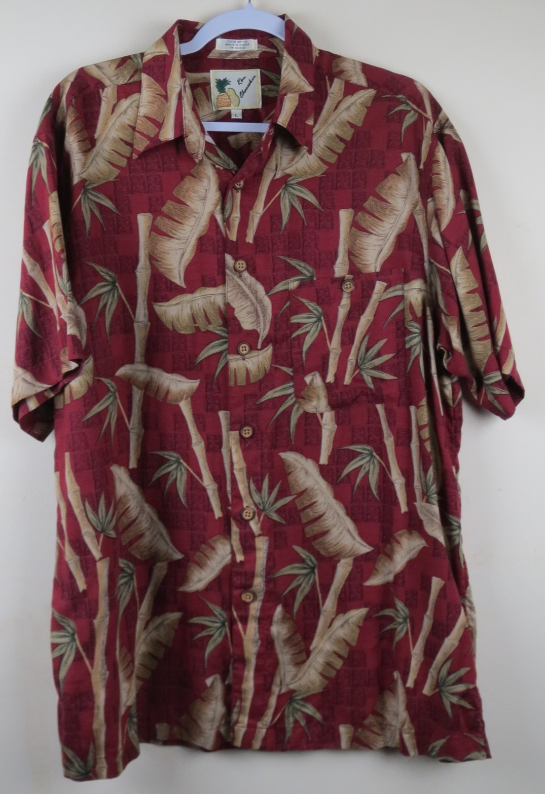 Ron Chereskin Men's L Hawaiian Shirt Red Palm Tree Tropical Button Up 100% Rayon