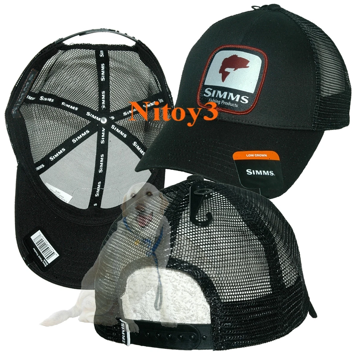 Chapeau camionneur de pêche Simms, casquette noire avec maille noire