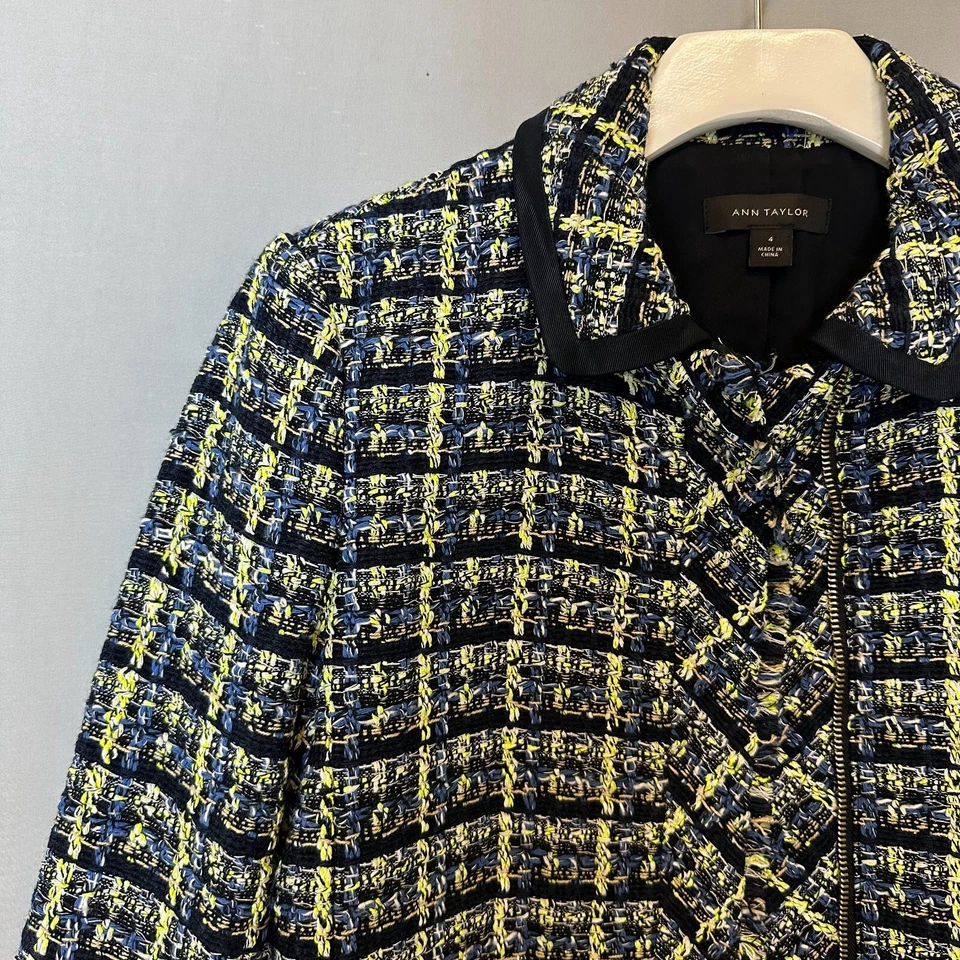 Chaqueta Ann Taylor Mujer 4 Azul Verde Blazer Ropa de Trabajo Tweed Manga Larga Foto 4 de 4