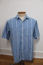 Vtg Downing & Dunn L Blue Vertical Stripe Short Sleeve Cotton Shirt