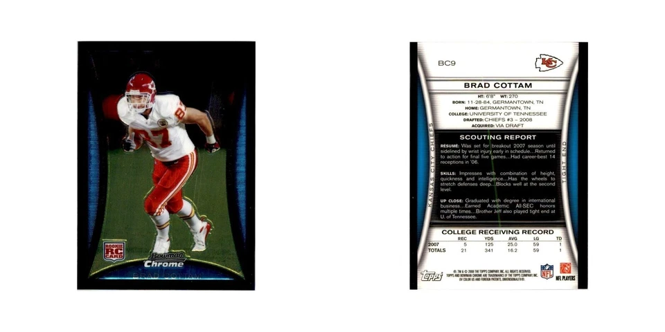 2008 Bowman Chrome Brad Cottam RC Football Cards #9 - Image 3 of 3
