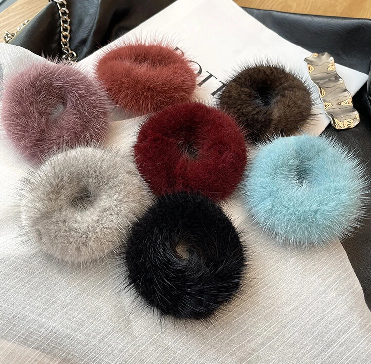 Anillo para el cabello de piel de visón real para mujeres damas cuerda para el cabello banda para el cabello aro para el cabello bola de pompón Foto 4 de 4