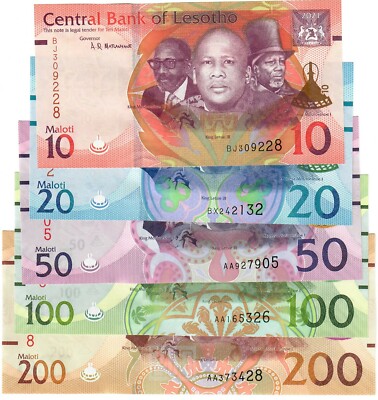 Lesotho Notes FULL SET Lesotho 10, 20, 50, 100 & 200 Maloti 2021 UNC | eBay