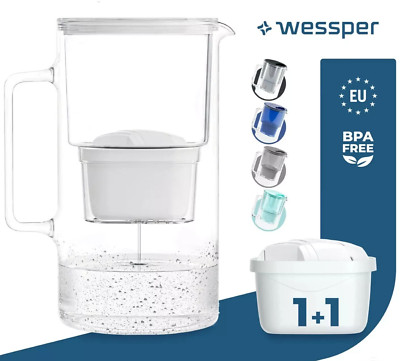 Glas Wasserfilter Kanne Wessper 2.5 L 2x Filterkartuschen Reduziert Kalk & Chlor