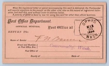 Ophir Washington Okanogan Co 1893 DPO F.M. Baum J.C. Covington Signed Reg Card