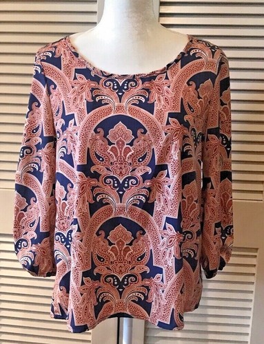 Navy Cream Rust Print Blouse PEACHES 'N CREAM Size SM Polyester - Picture 5 of 8