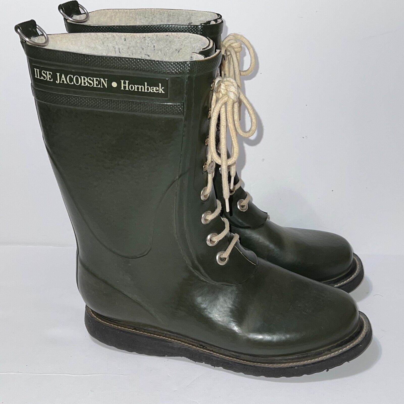 Ilse Jacobsen Hornbaek Green Rubber Rain Boots Lace Up Size EU 35 US 4.5  Danish