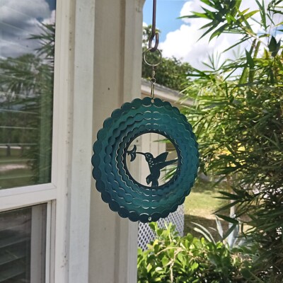 NWT Hummingbird Metal Hanging Wind Spinner 6.5'' Teal Enamel 3D Kinetic Yard Art