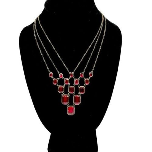 Avon Red Faceted Graduated Square Stones 3-Strand Gold Tone Statement Necklace