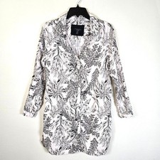Tahari Linen Shirt Dress Womens M Black Cream Tropical Leaf Print Coastal Casual