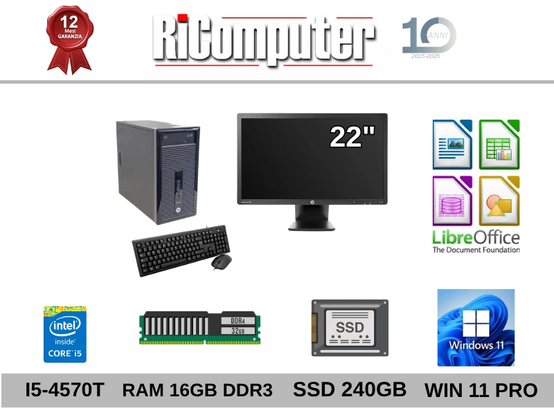 Postazione PC i5 RAM 16GB DDR3 SSD 240GB Monitor 22" Ricondizionato Win 11 Pro - Immagine 4 di 4