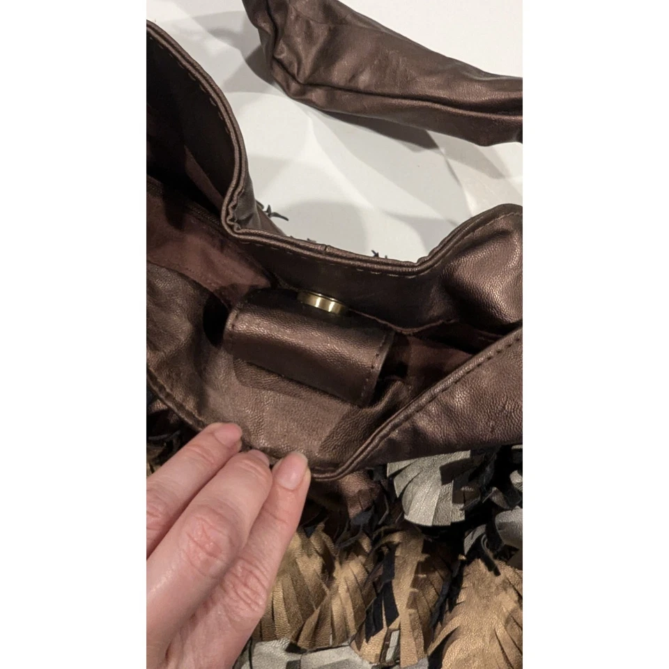 Bueno Brown Faux Leather Fringe Hobo Shoulder Bag Boho Chic Textured - Image 3 of 4