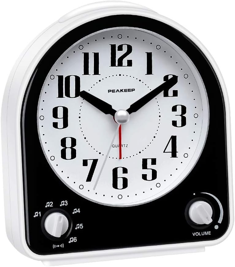 Analog Alarm Clock Non-Ticking Silent, Optional 7 Wake-up Sounds with Volume ...