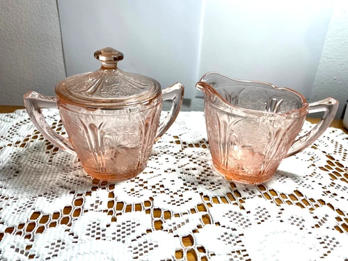 Pink Cherry Blossom Depression Glass Creamer & Sugar With Lid