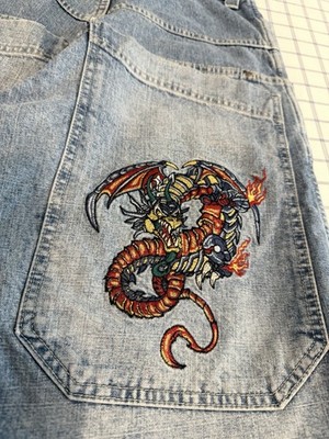 VINTAGE JNCO Jorts Dragon Embroidery Blue Baggy Y2K Skater Shorts