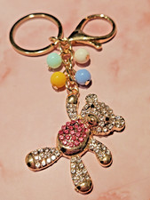Teddy Bear w/Balloons Bag Charm Keychain Clear Red Rhinestones Gold Tone New