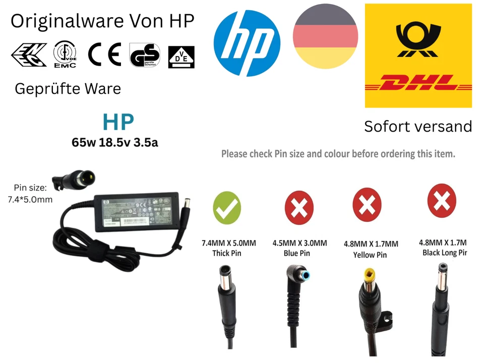 Original HP  Ladegerät 18,5V 3,5A 65W Laptop Ladekabel AC Netzteil für Stecker - Bild 2 von 4