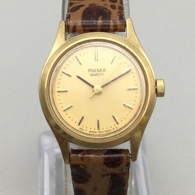 Vintage Pulsar Womens Watch 23mm Gold Tone Brown Leather V811-0970 New Battery