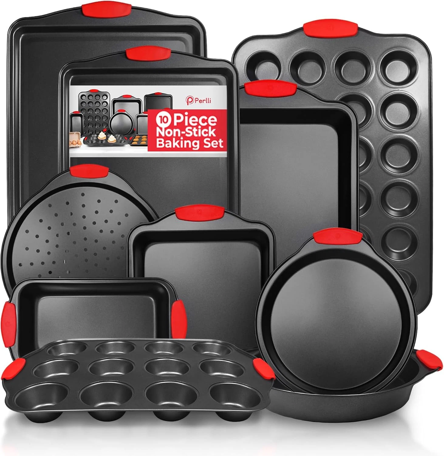 10PC Non-Stick Baking Pan Set,Bpa-Free Carbon Steel Bakeware Set-Silicone Handle