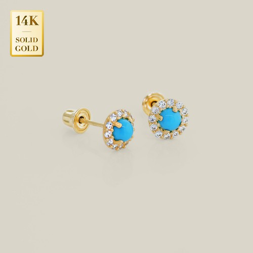 14K REAL Solid Gold Turquoise Stud Earlobe Earrings Ear Post Screw Back Piercing - Picture 2 of 2