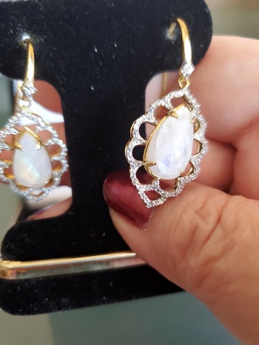 Rarities Carol Brodie Rainbow Moonstone & Zircon Drop Earrings NWOT