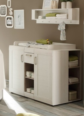 Babyzimmer Baby Wickelkommode weiß Set 3-tlg Kommode Regal Wandregal Landi Pinie