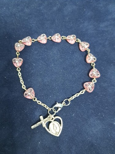 Sliver-tone Rosary bracelet Plastic pink heart beads