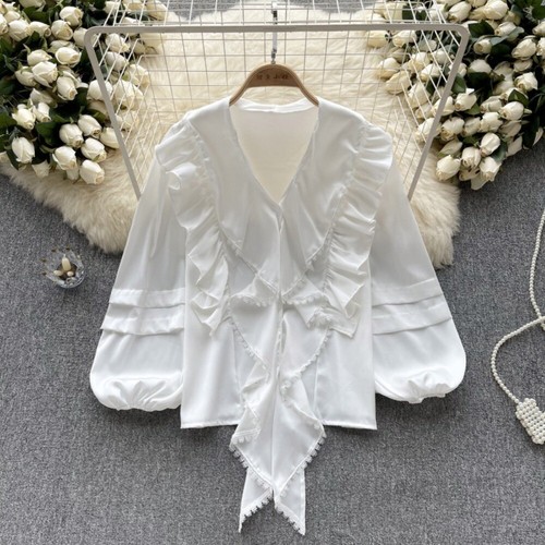 Women Satin Ruffles Blouse Faux Silk Shirts Shiny Retro Puff Sleeve Silky - Picture 11 of 15