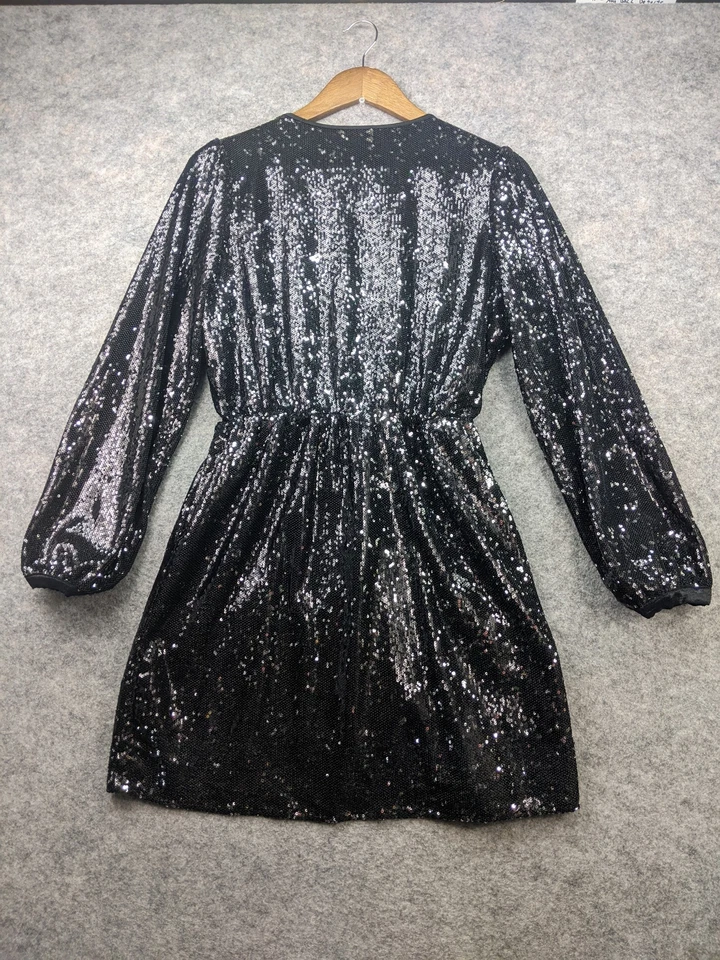 Honey Belle Dress Womens Medium Black Sequin Long Sleeve Surplice Neck Faux Wrap - Image 2 of 4
