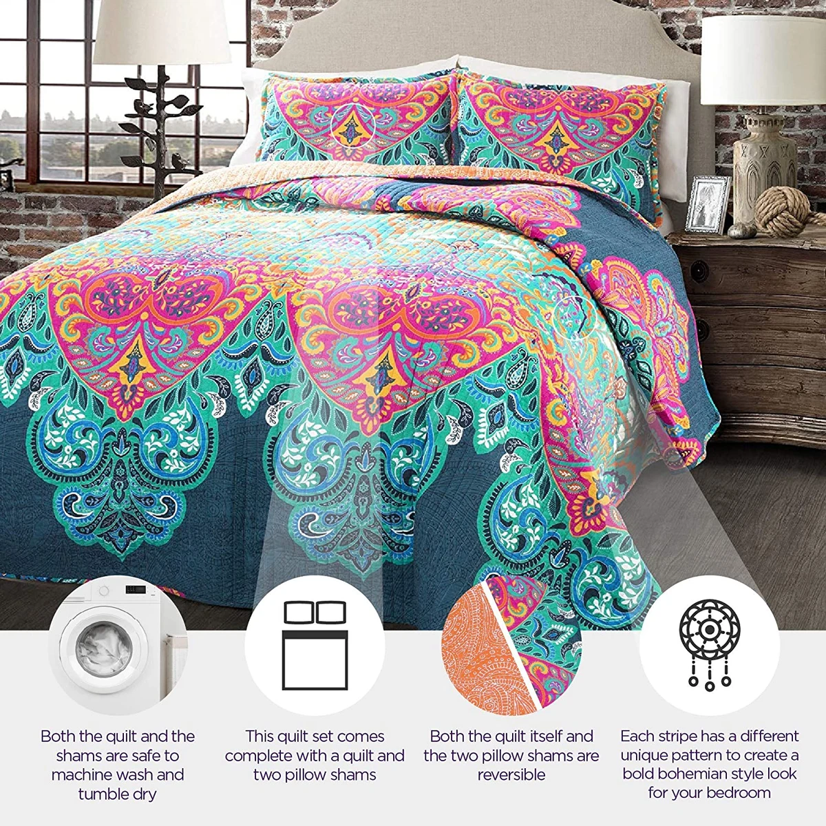 割引購入 Lush 新品Lush 3Pc Decor Oversized Boho Turquoise/Orange Boho Chic Reversible Floral Decor Reversible Piece Quilt Quilt Bedding Set Set Full/ Queen Turquoise/Navy Plutus Brands Plutus ディープブリッジ ハンドメイド 高級枕 20インチ x 30インチ クイーン 並行輸入品