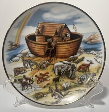 Noah s Ark Plate Gold Rim 8 Diameter Colorful Animals Doves Boat Rainbow