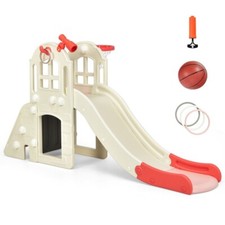 6-in-1 Toddler Climber Slide Playset Outdoor Backyard Kids Toy W/Basketball Hoop