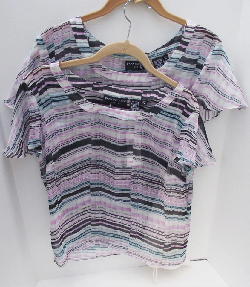 DANA BUCHMAN WHITE MULTI STRIPE SILK CAP SLEEVE CAREER TOP PETITES 8 10 NEW $250 - Image 3 of 4