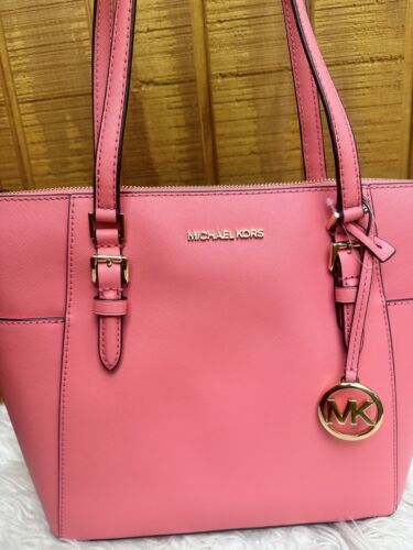 Michael Kors Charlotte Zip Top Bag Leather Handbag For Women Tea Rose Clearance