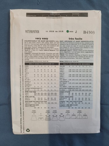 Butterick Sewing Pattern Girls Top Skirt Shorts Easy B4503 Size CDD (2-3-4-5) - Picture 3 of 4