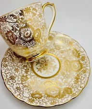ROYAL CHELSEA ENGLAND DEMITASSE CUP & SAUCER GOLD FLORAL CHINTZ; VINTAGE TEACUP