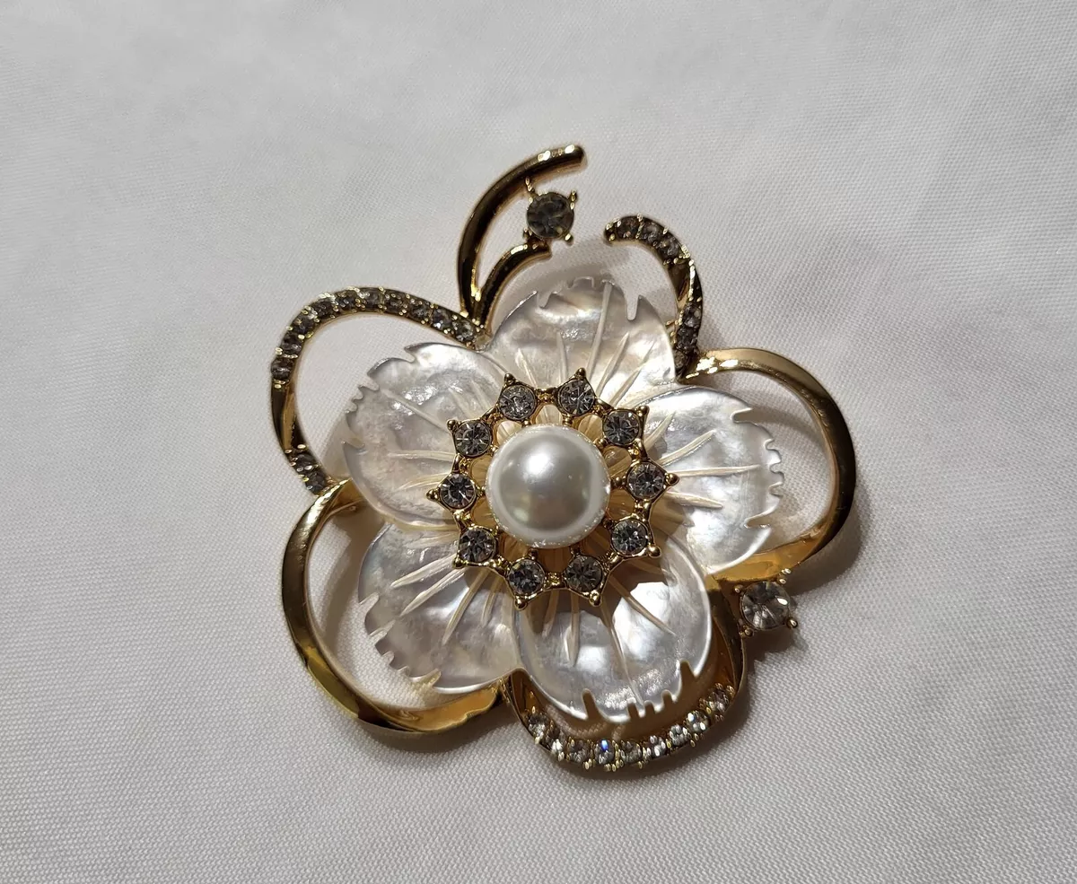 Anne Klein Flower Mother of Pearl, Rhinestones & Faux Pearl Brooch Pin Gold  Tone