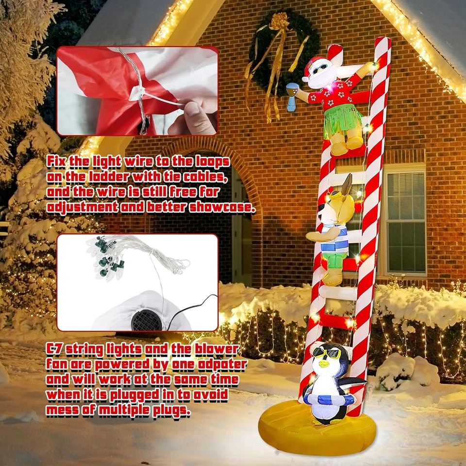 10FT Christmas Inflatable Decorations, Hawaii Beach Themed Giant Lighted Ladder - Image 4 of 4