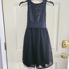 Chaps Big Girls Black Sequin Tulle Fit & Flare Dress 12 Sleeveless Bow Party