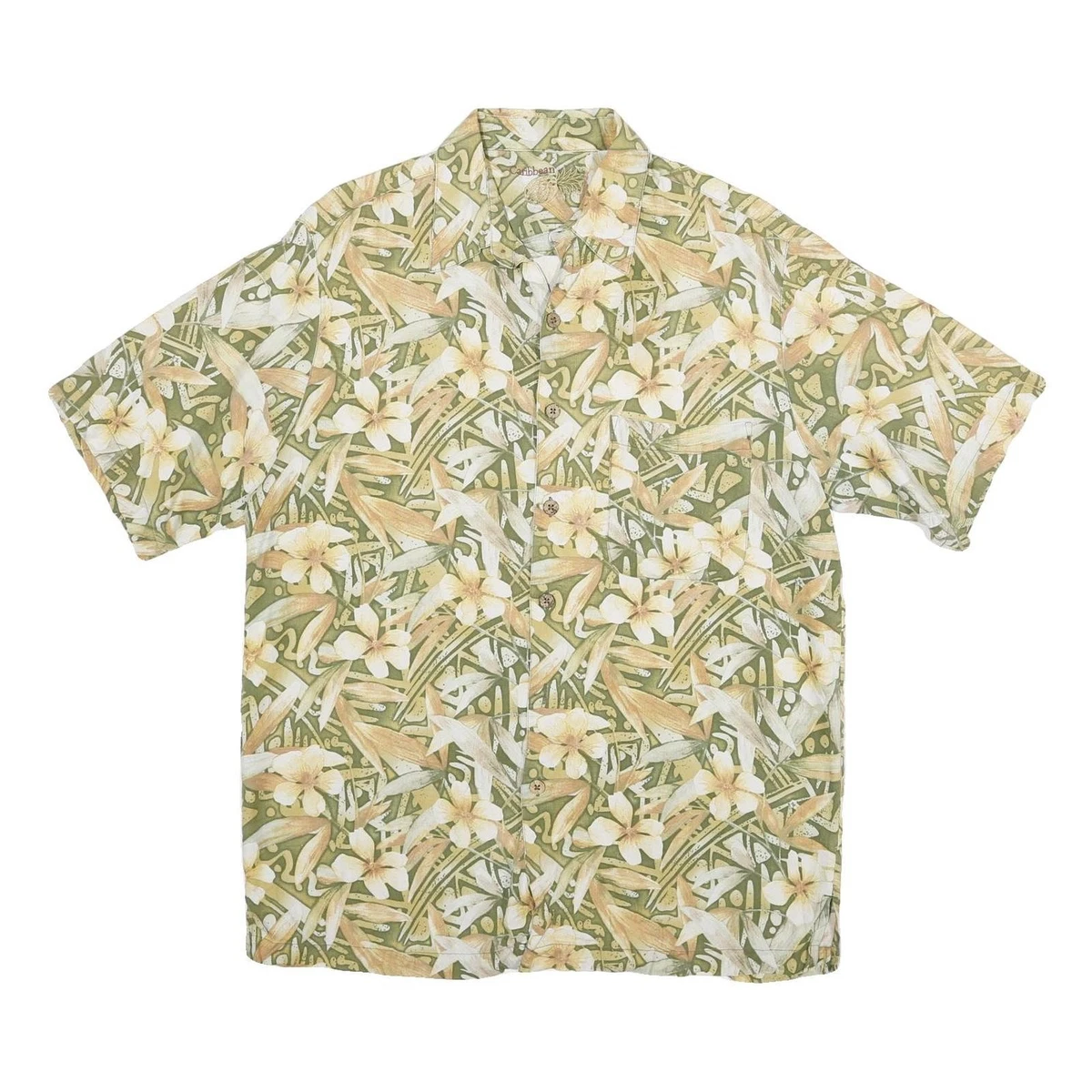 Chemise Hawaïenne Homme Caribbean Joe, Taille L, Verte à Fleurs, En Soie Lavable Manches Courtes