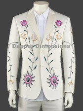 Men's 2Pc Ivory Bespoke Floral Embroidered Nudie Western cowboy Cocktail Prom