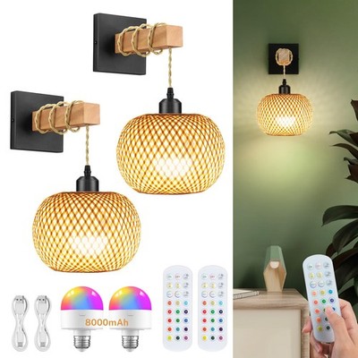 Battery Operated Wall Sconce with Remote Set of 2, Rechargeable Rattan Wall S...