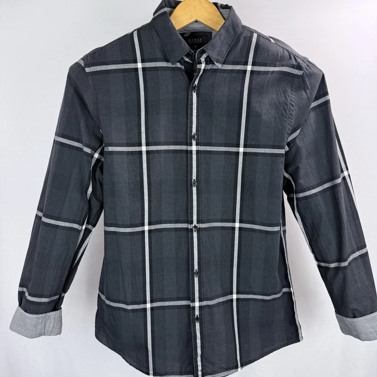Camisa con botones Guess para hombre mediana delgada a cuadros arte decano negra puño abatible LS algodón