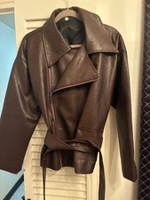 Chocolate brown faux leather cropped trench  with  zip  closure
