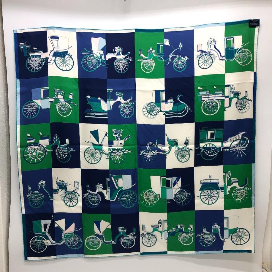 ●Hermes Carre90 Voitures Exquises Elaborate Carriage Scarf Green Ladies