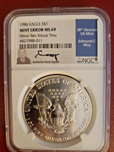 1986 American Silver Eagle MINT ERROR Coin - FYOI NGC MS69 w/Moy Signature
