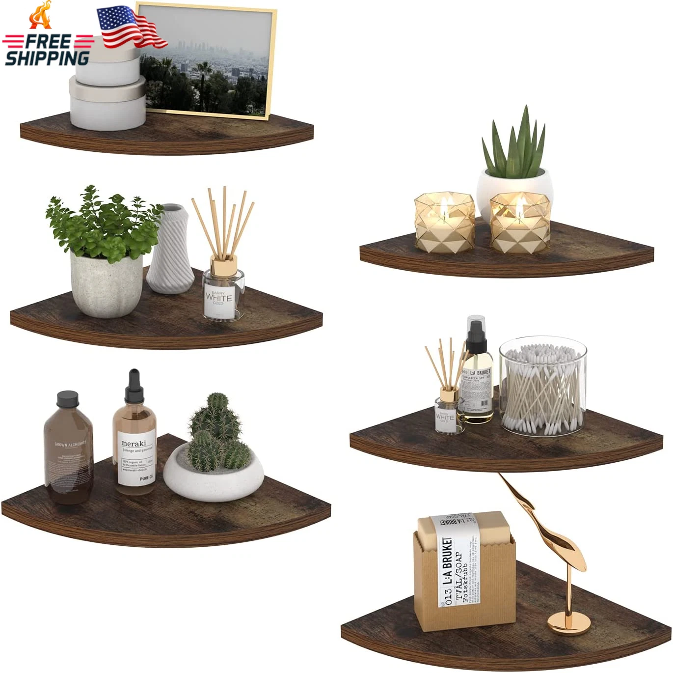 HORLIMER 6 Pack Wall Mount Floating Corner Shelf, Rustic Wood Corner Wall Shelve