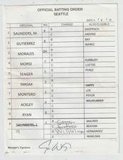 4-8-13 Seattle Mariners - Game Used Lineup Card - Justin Smoak & Kyle Seager